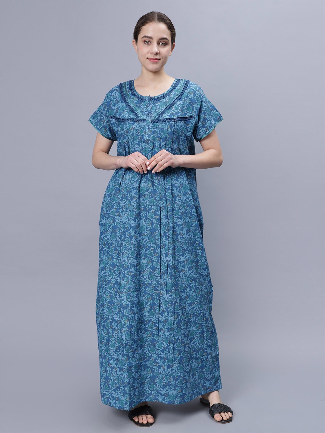 

NIGHTSPREE Floral Printed Pure Cotton Maxi Nightdress, Blue