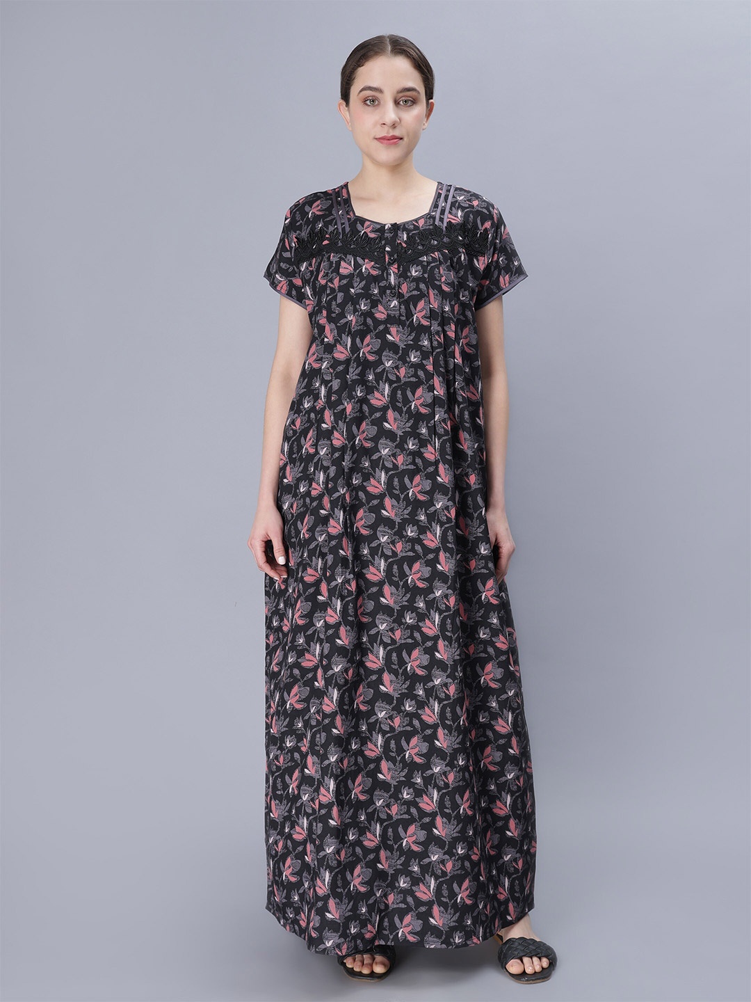 

NIGHTSPREE Floral Printed Square Neck Pure Cotton Maxi Nightdress, Black