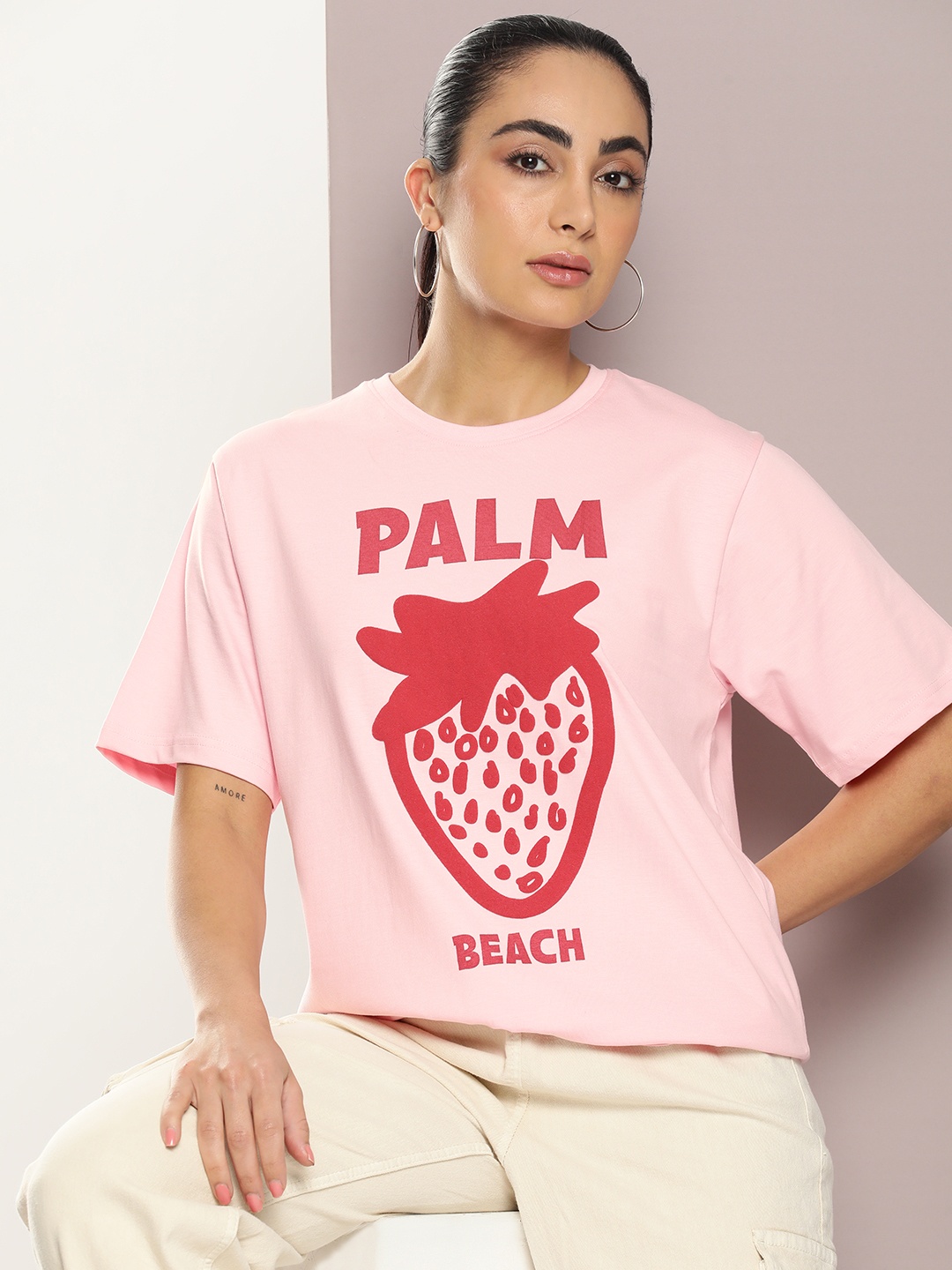 

DILLINGER Women Graphic Printed Embossed Oversized T-shirt, Pink