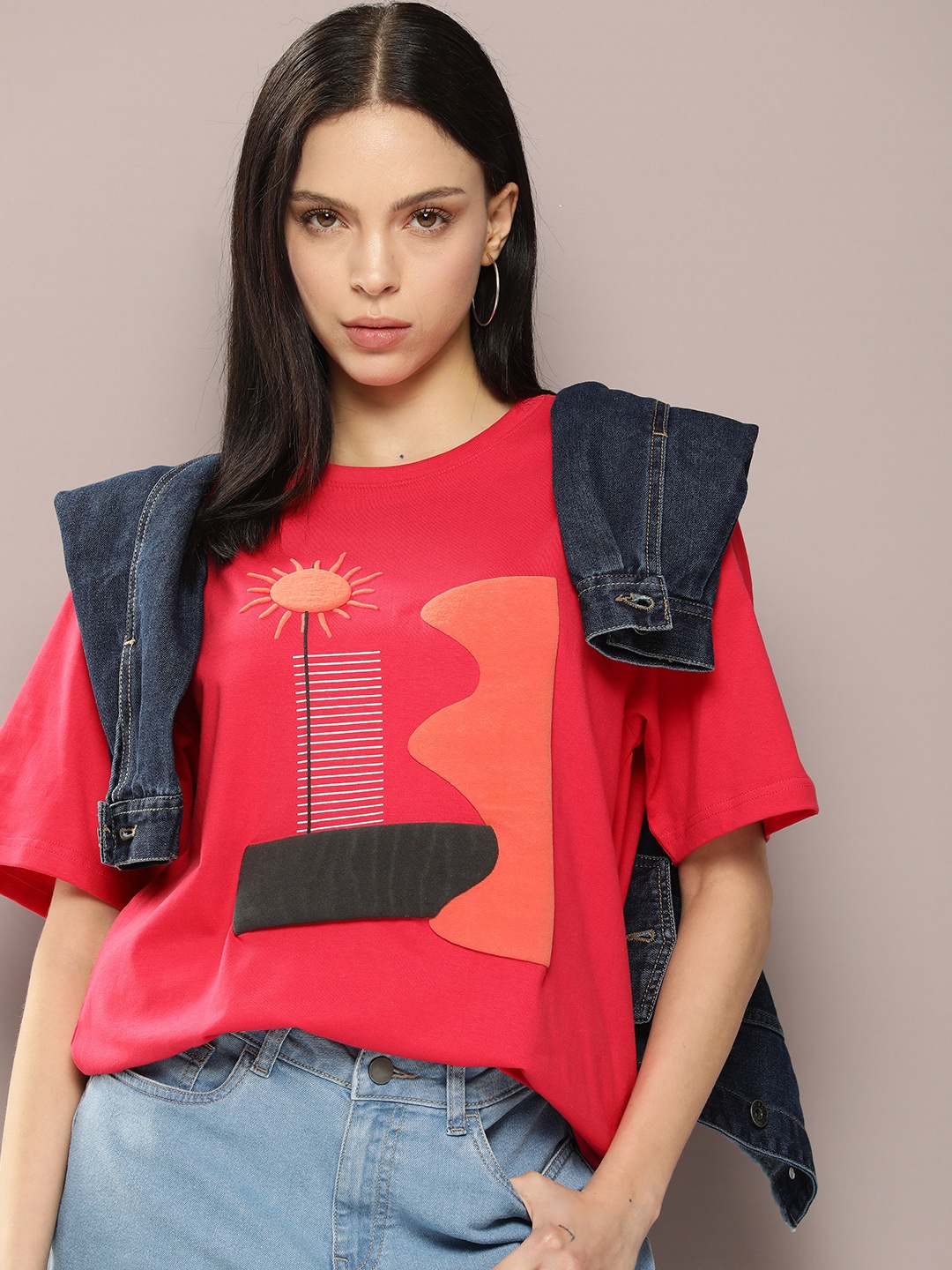 

DILLINGER Women Graphic Printed Embossed Oversized T-shirt, Pink