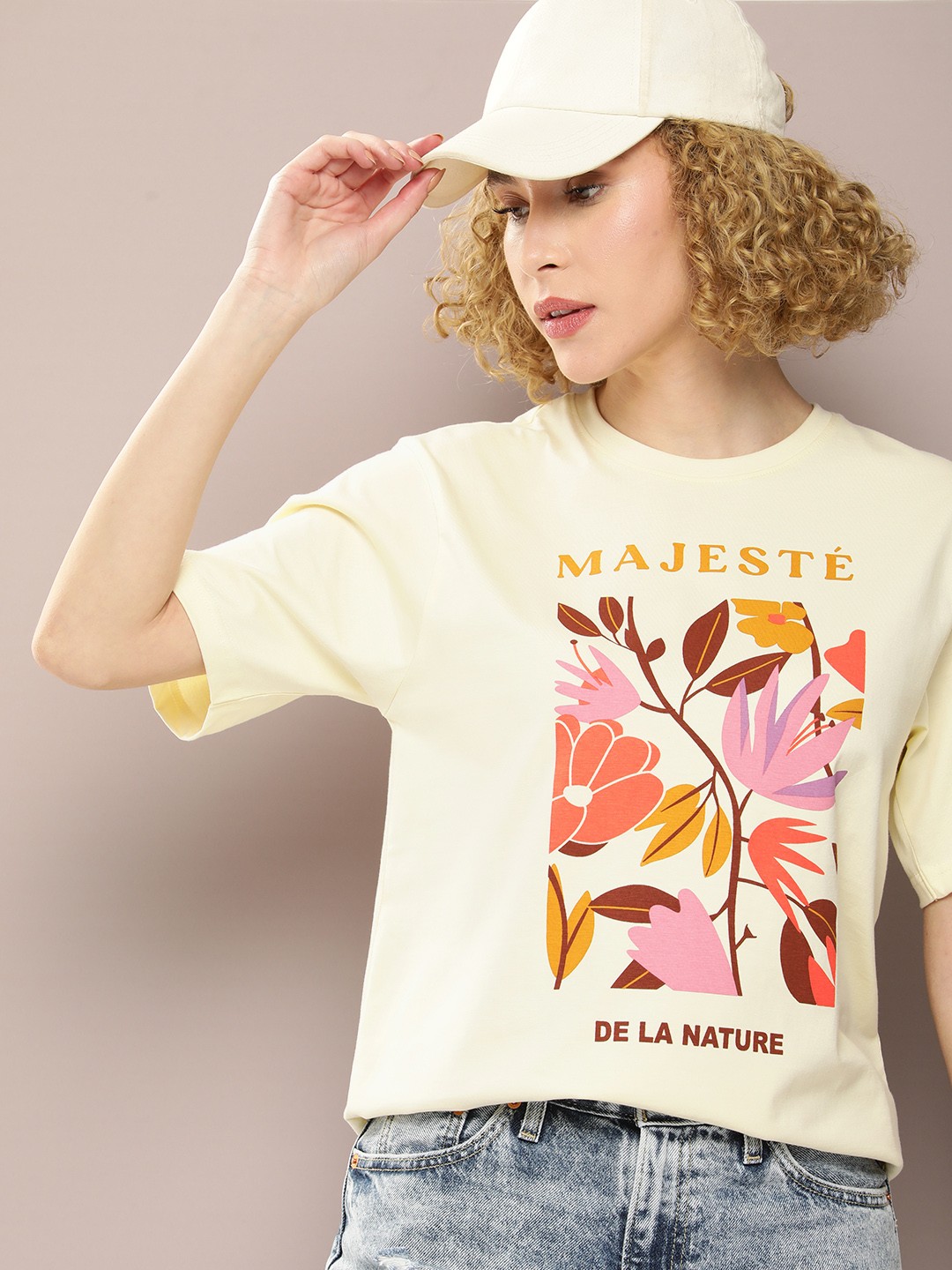 

DILLINGER Floral Printed Oversized Drop-Shoulder Sleeves Pure Cotton T-shirt, White