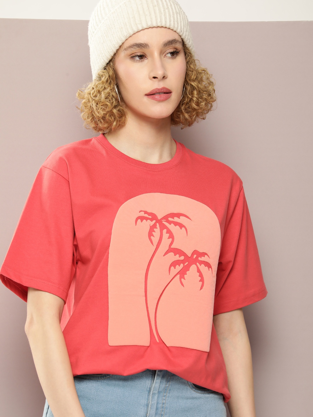 

DILLINGER Women Graphic Printed Embossed Oversized T-shirt, Red