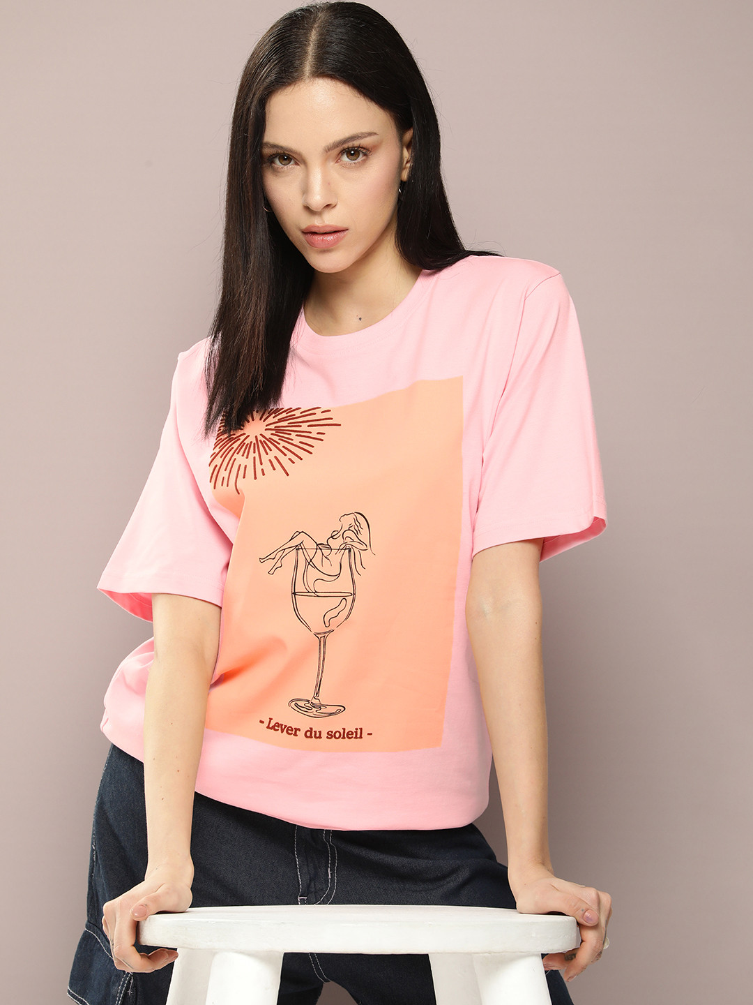 

DILLINGER Women Graphic Printed Embossed Oversized T-shirt, Pink