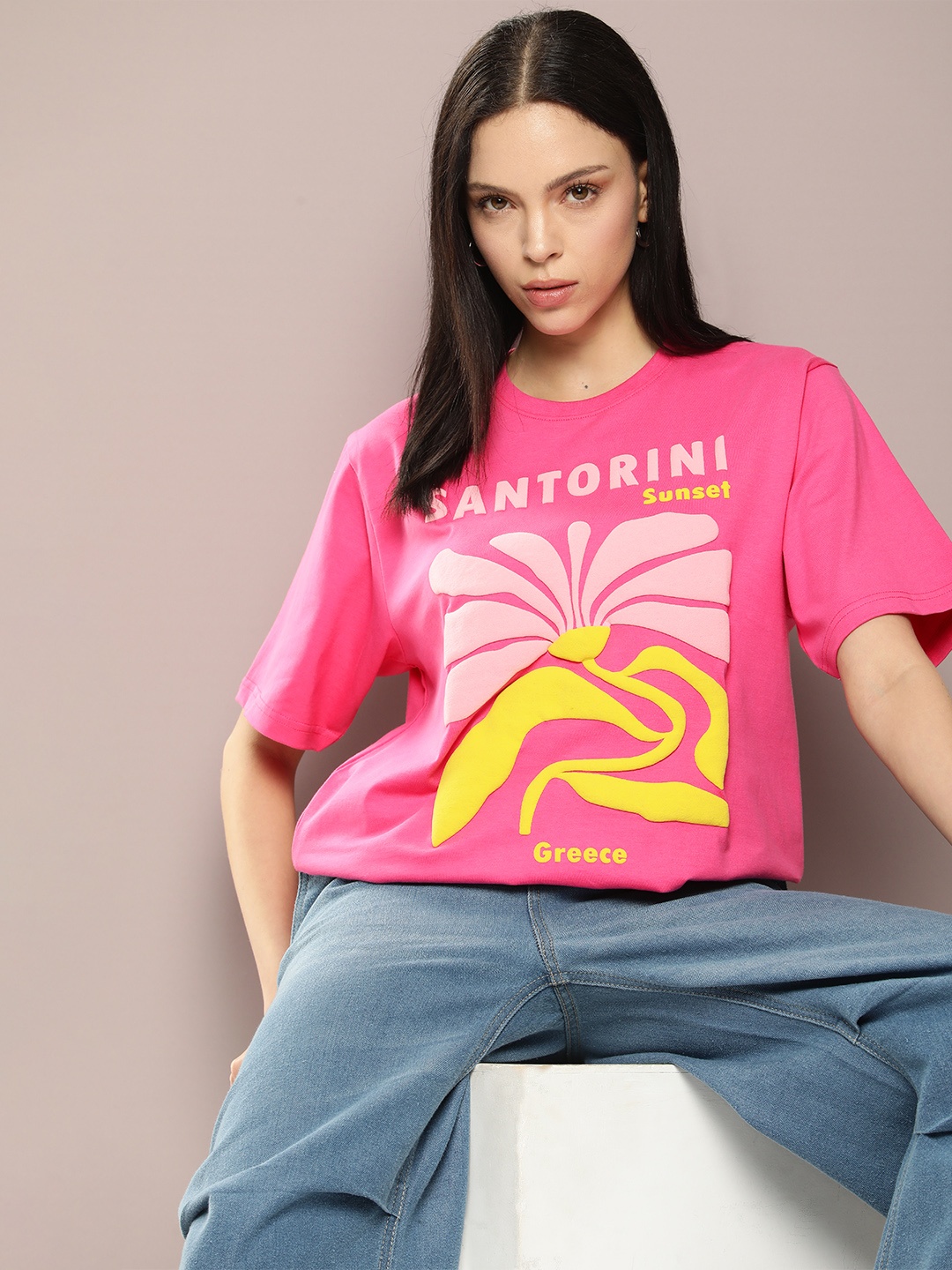 

DILLINGER Women Graphic Printed Embossed Oversized T-shirt, Fuchsia