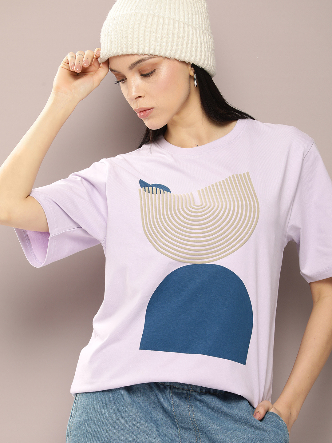 

DILLINGER Women Graphic Printed Embossed Oversized T-shirt, Lavender