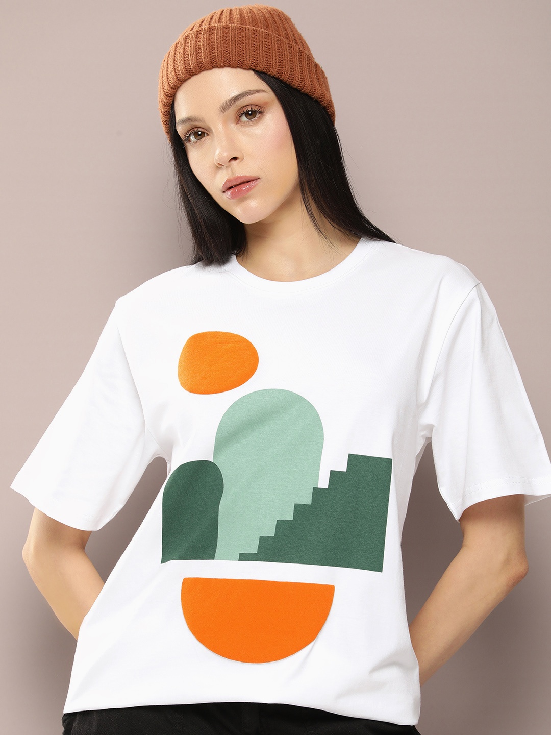 

DILLINGER Women Graphic Printed Embossed Oversized T-shirt, White