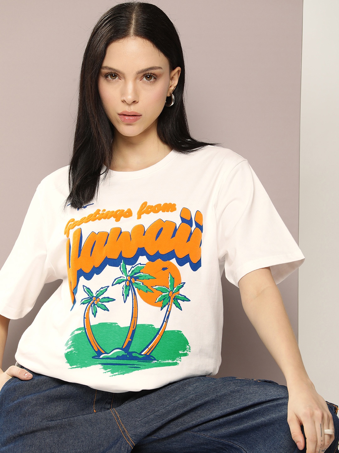 

DILLINGER Women Graphic Printed Embossed Oversized T-shirt, Off white
