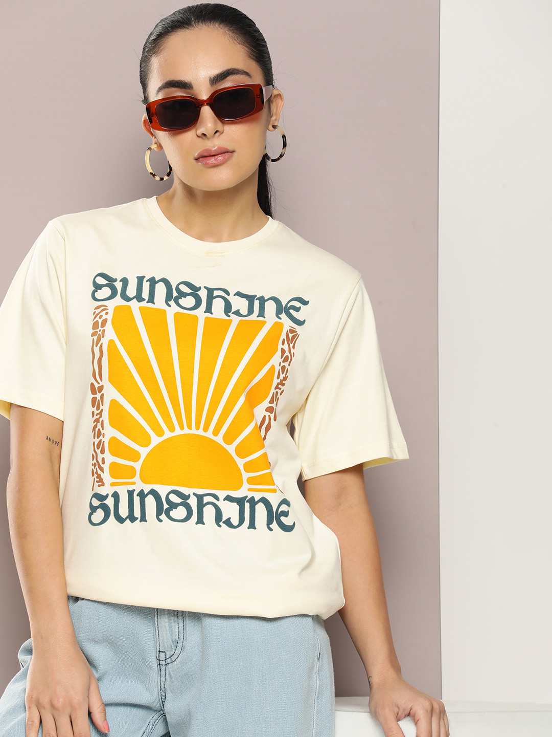 

DILLINGER Women Graphic Printed Embossed Oversized T-shirt, Off white