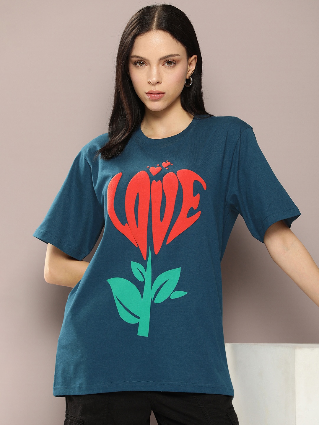 

DILLINGER Women Graphic Printed Embossed Oversized T-shirt, Blue