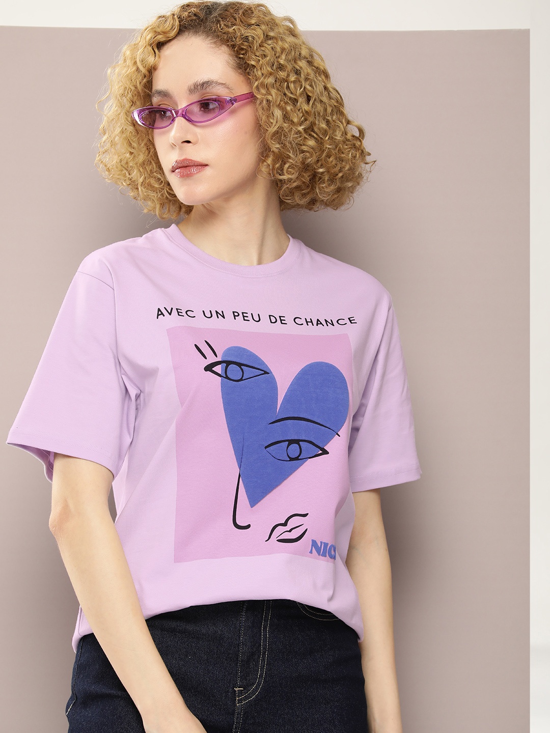 

DILLINGER Women Graphic Printed Embossed Oversized T-shirt, Lavender