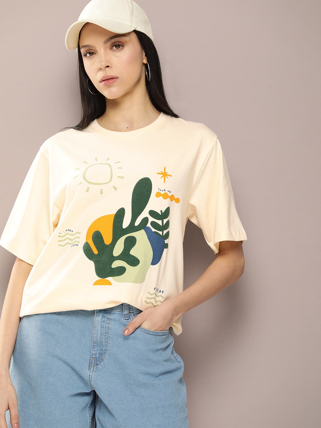 

DILLINGER Women Graphic Printed Embossed Oversized T-shirt, Off white