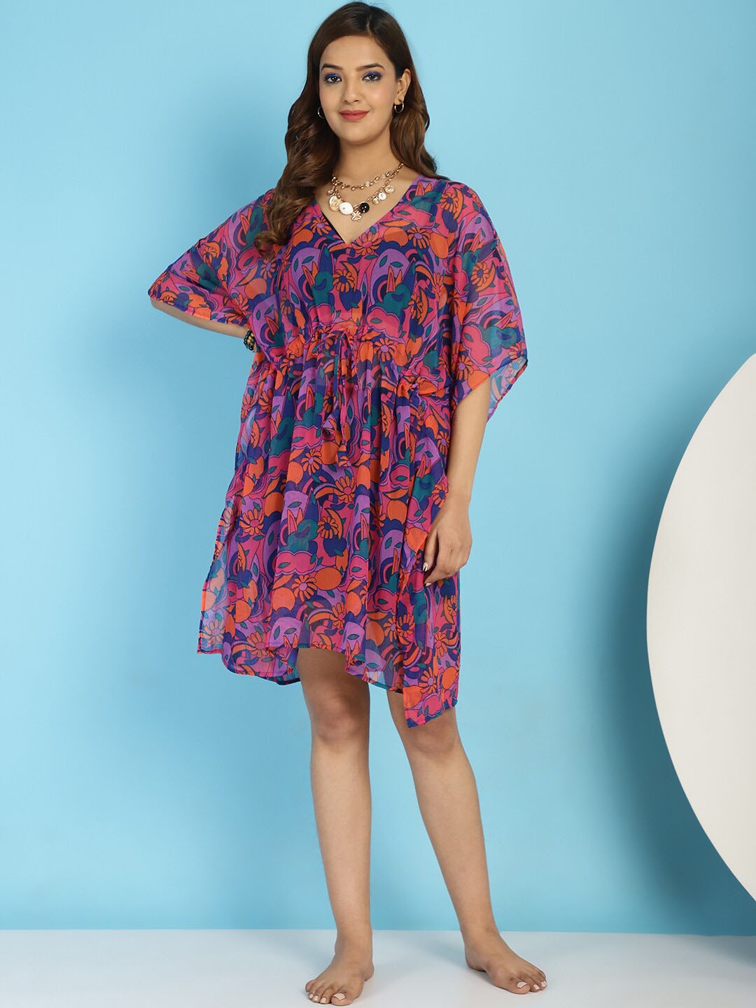 

Secret Wish Floral Printed Kaftan Swimwear Cover up Top, Orange