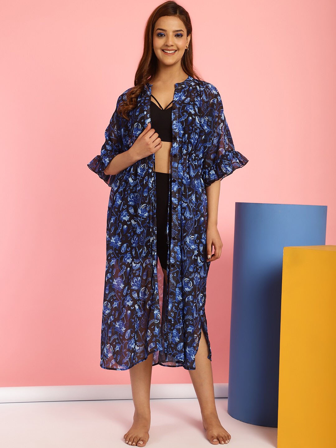 

Secret Wish Floral Printed Mandarin Collar Swimwear Cover up Top, Blue