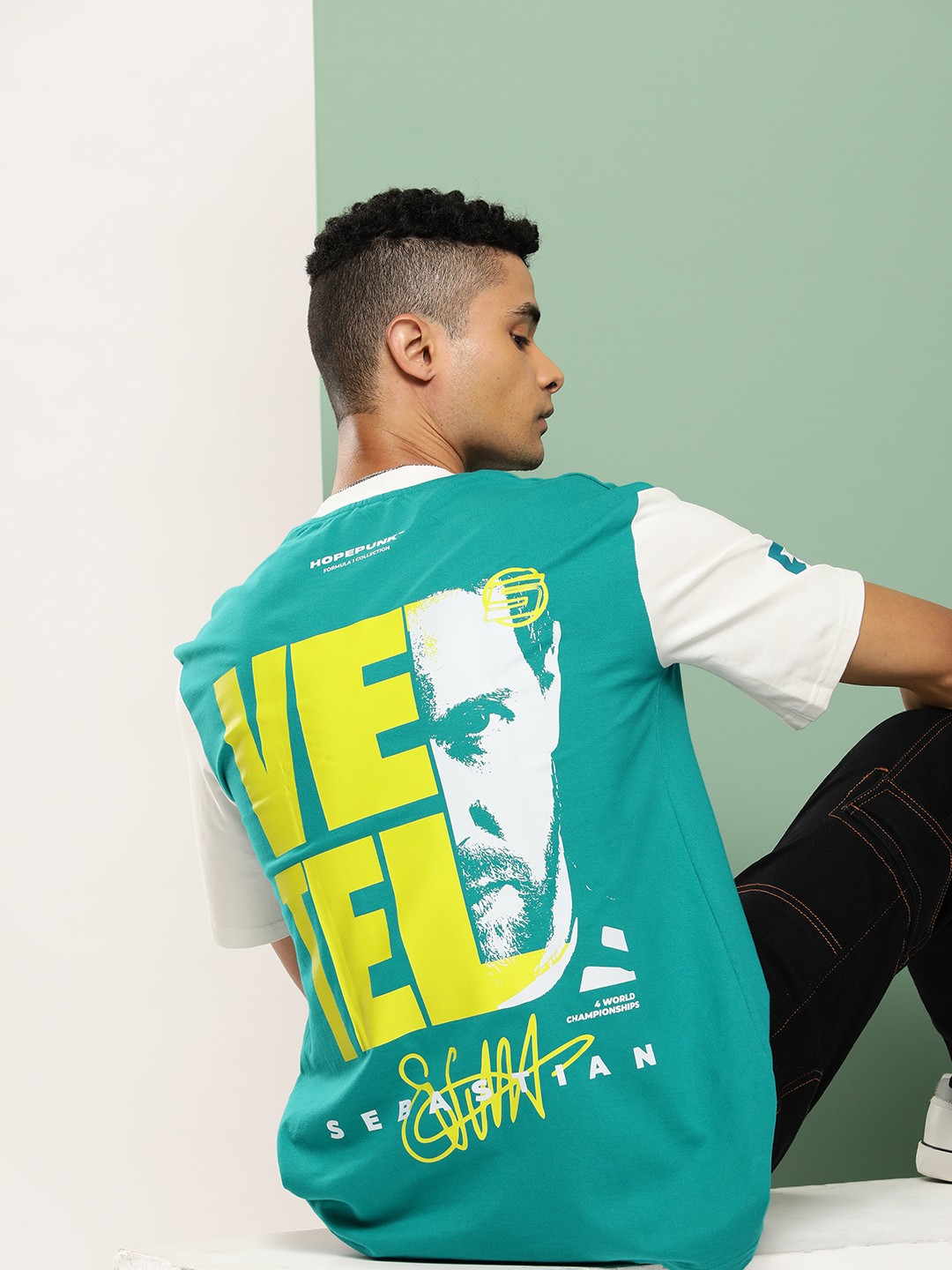 

HOPEPUNK Men Sebastian Vettel Printed Oversized Drop-Shoulder Sleeves T-shirt, Green