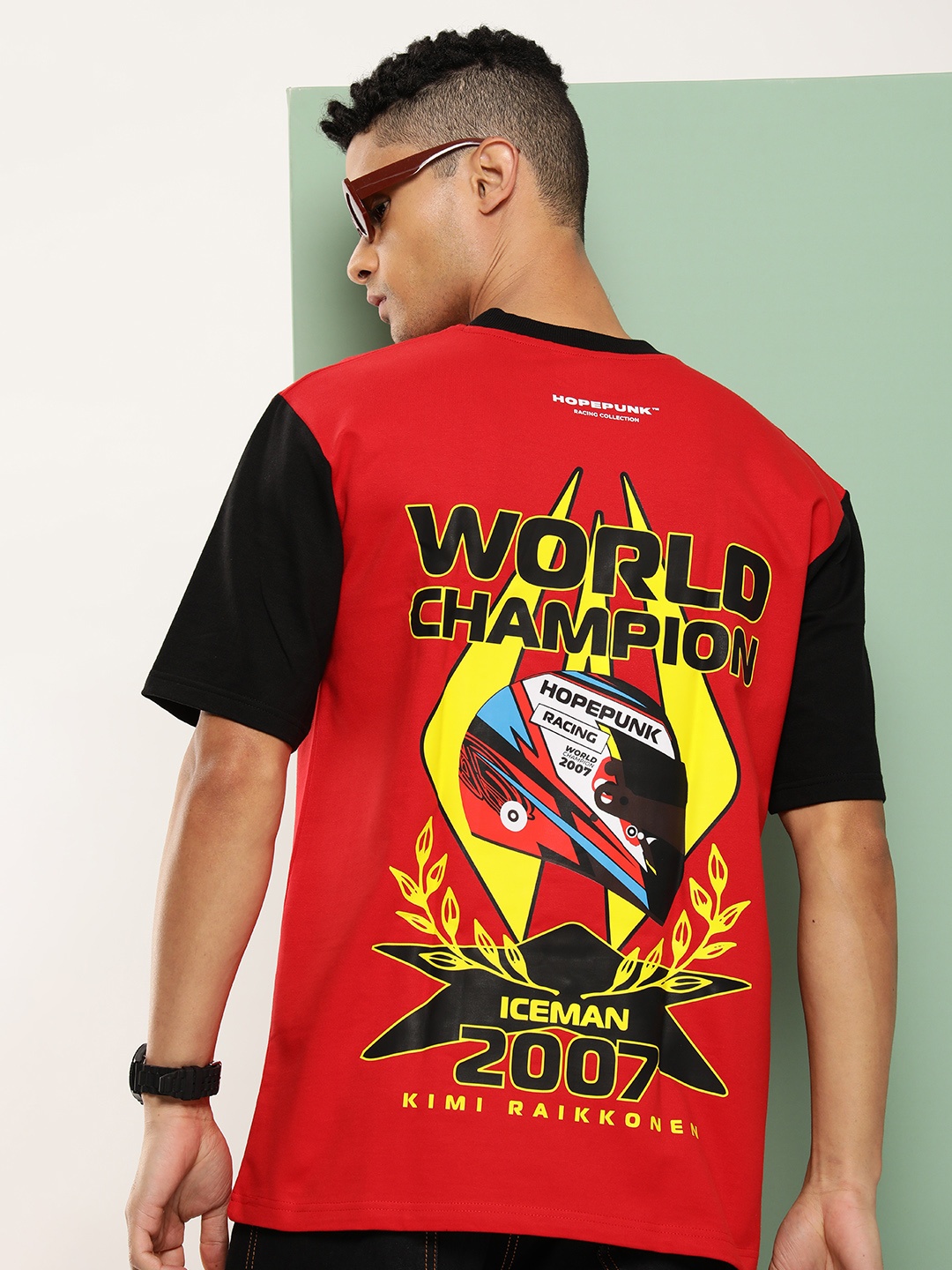 

HOPEPUNK Men Kimi Raikkonen Printed Oversized Drop-Shoulder Sleeves T-shirt, Red