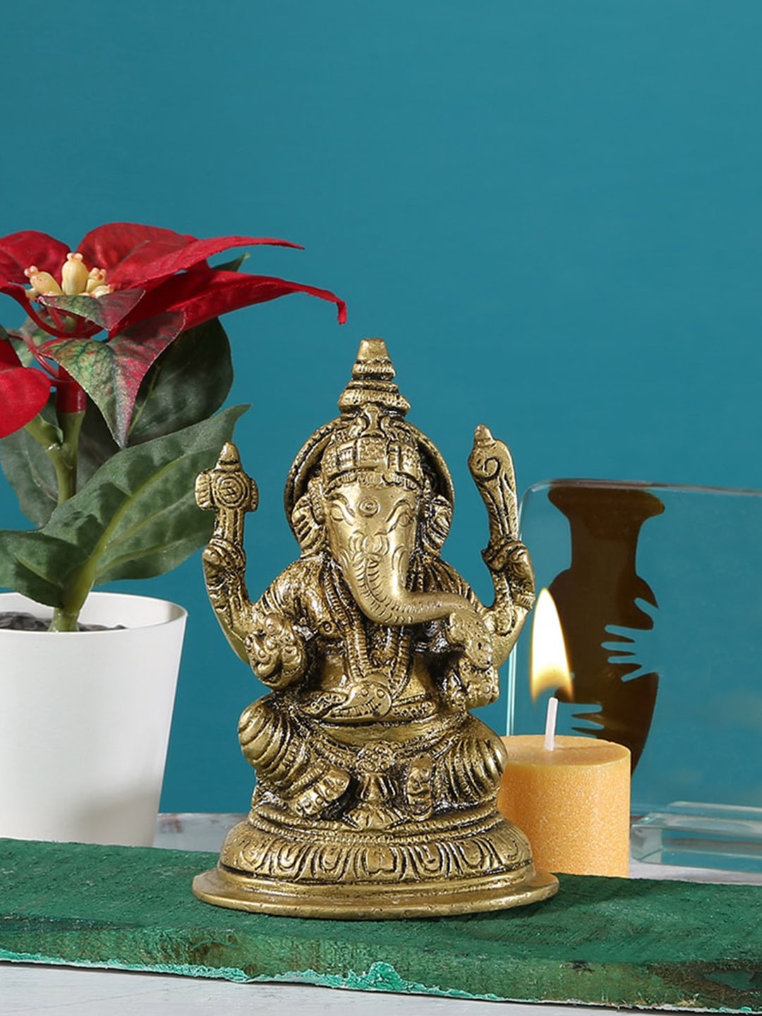 

Two Moustaches Gold-Toned Aashirwaad Ganesha Brass Statue With Antique Finish