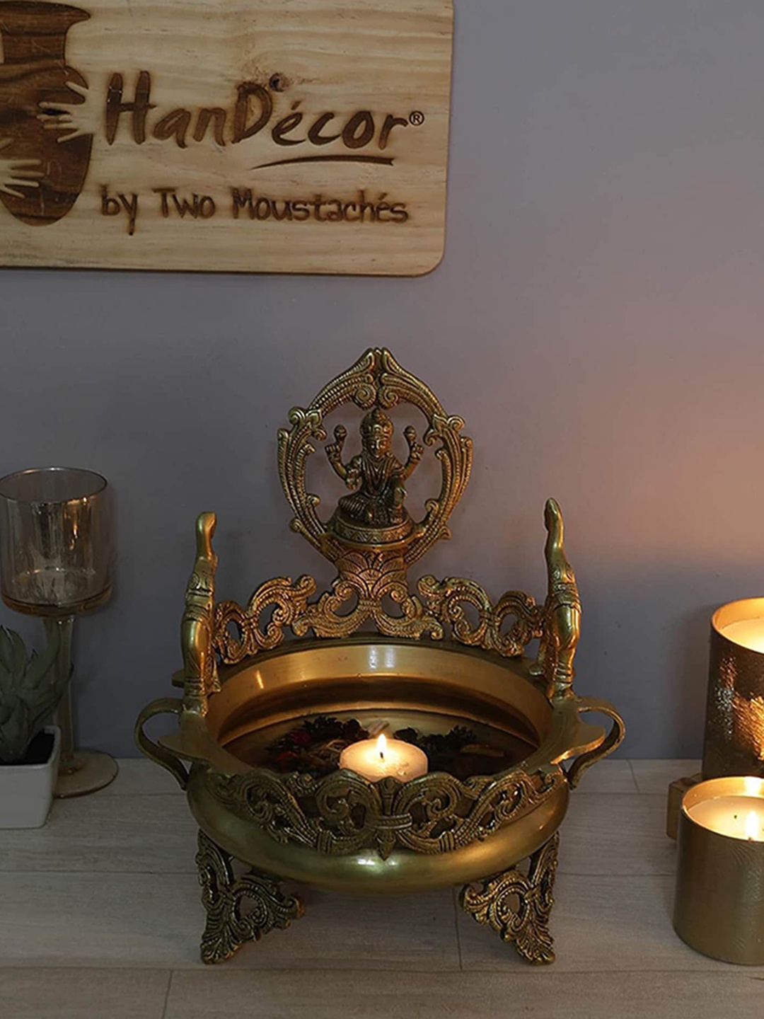 Two Moustaches Gold-Toned Elephant Goddess Laxmi Design Brass Urli