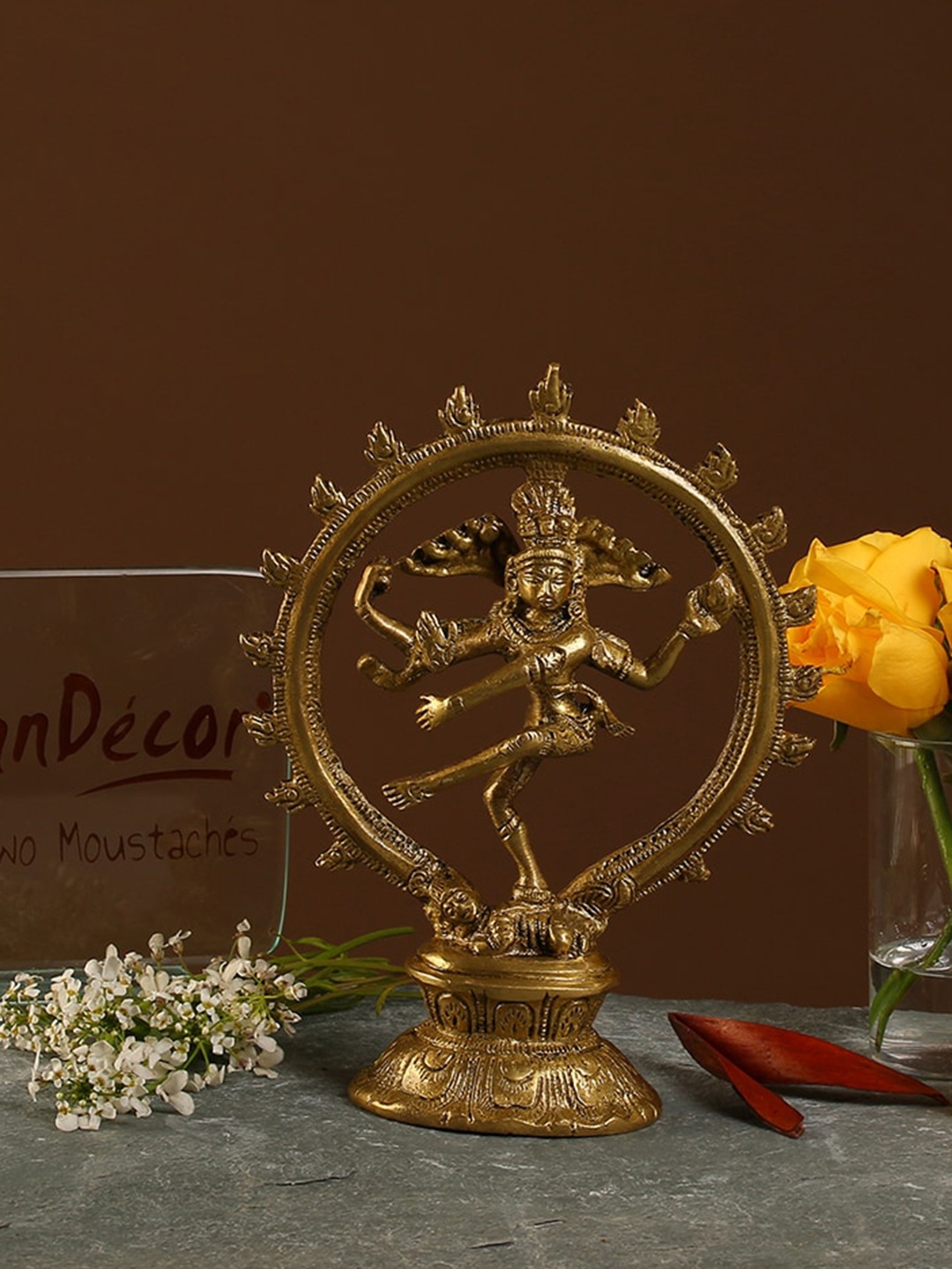 

Two Moustaches Gold-Toned Brass Natraj with Carving Showpiece