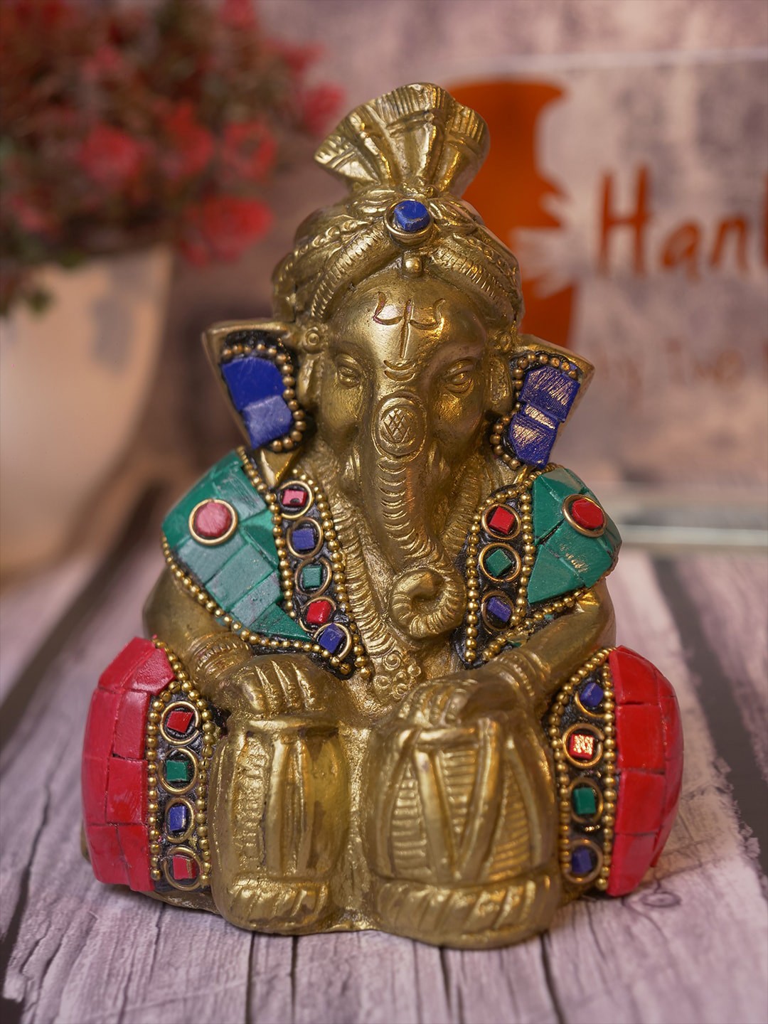 

Two Moustaches Gold-Toned Gemstone Work Brass Ganesha Playing Tabla Showpiece