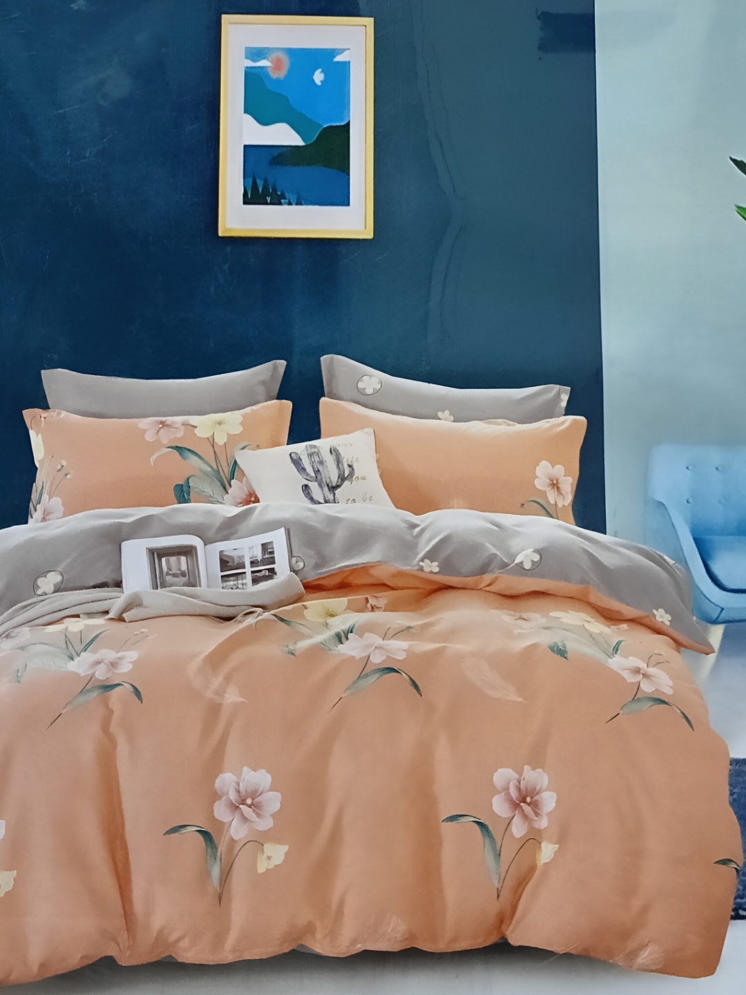 

Signature Orange & Grey Floral 144 TC Queen Bedsheet with 2 Pillow Covers