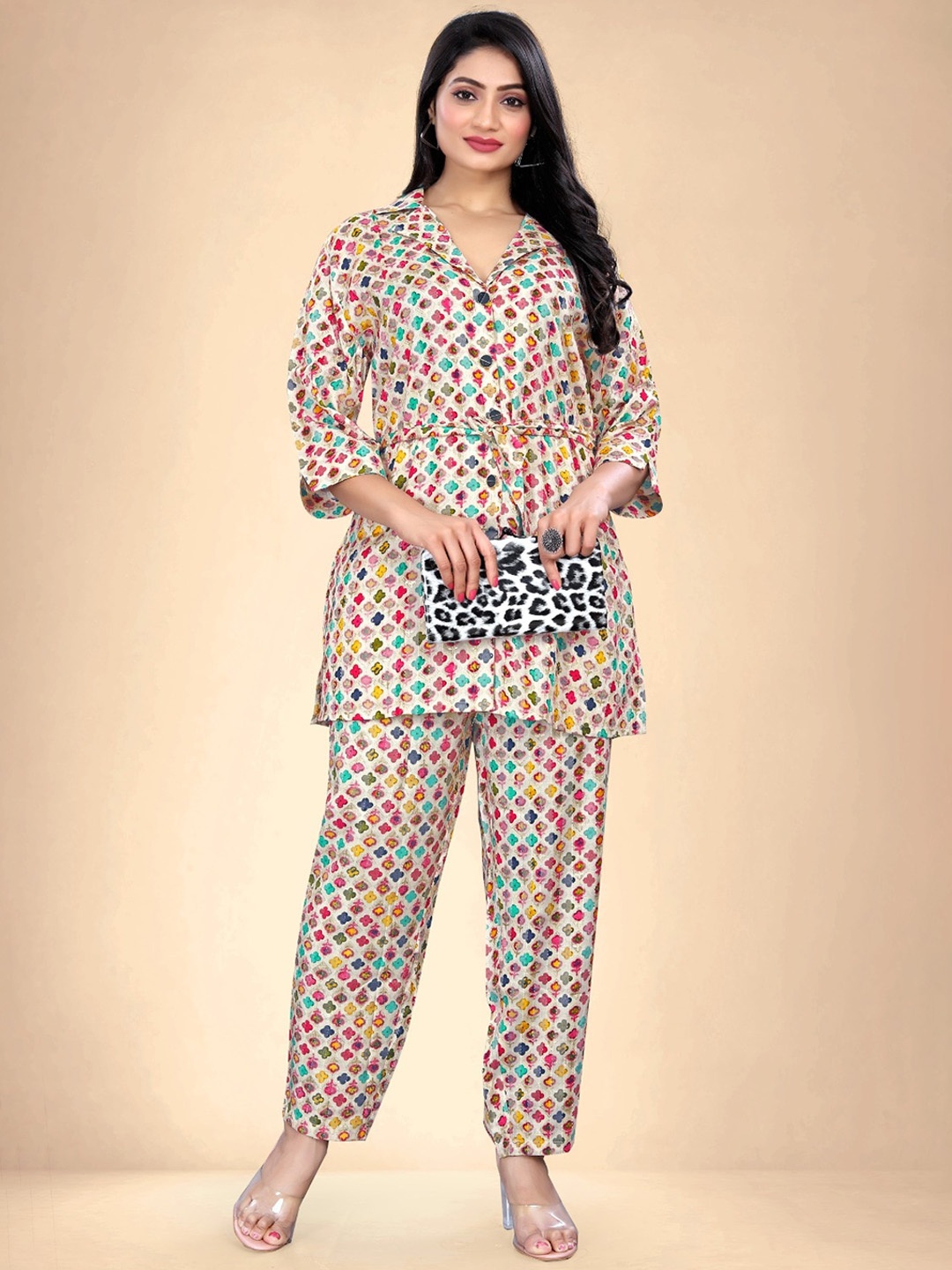 

Abhilasha Printed Lapel Collar Tunic With Trousers, White