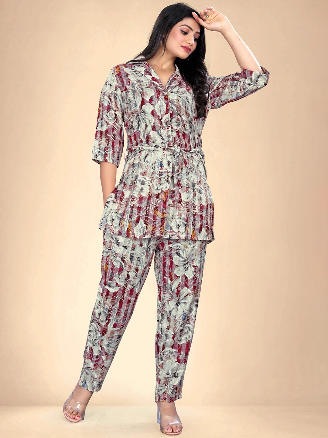 

Abhilasha Floral Printed Lapel Collar Tunic With Trousers, Maroon