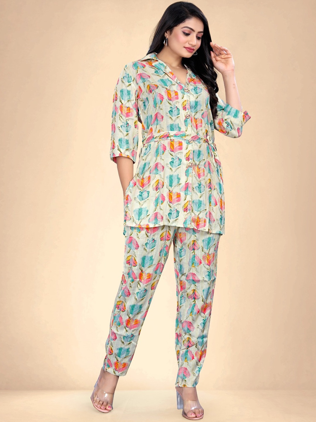 

Abhilasha Floral Printed Lapel Collar Tunic With Trousers, White