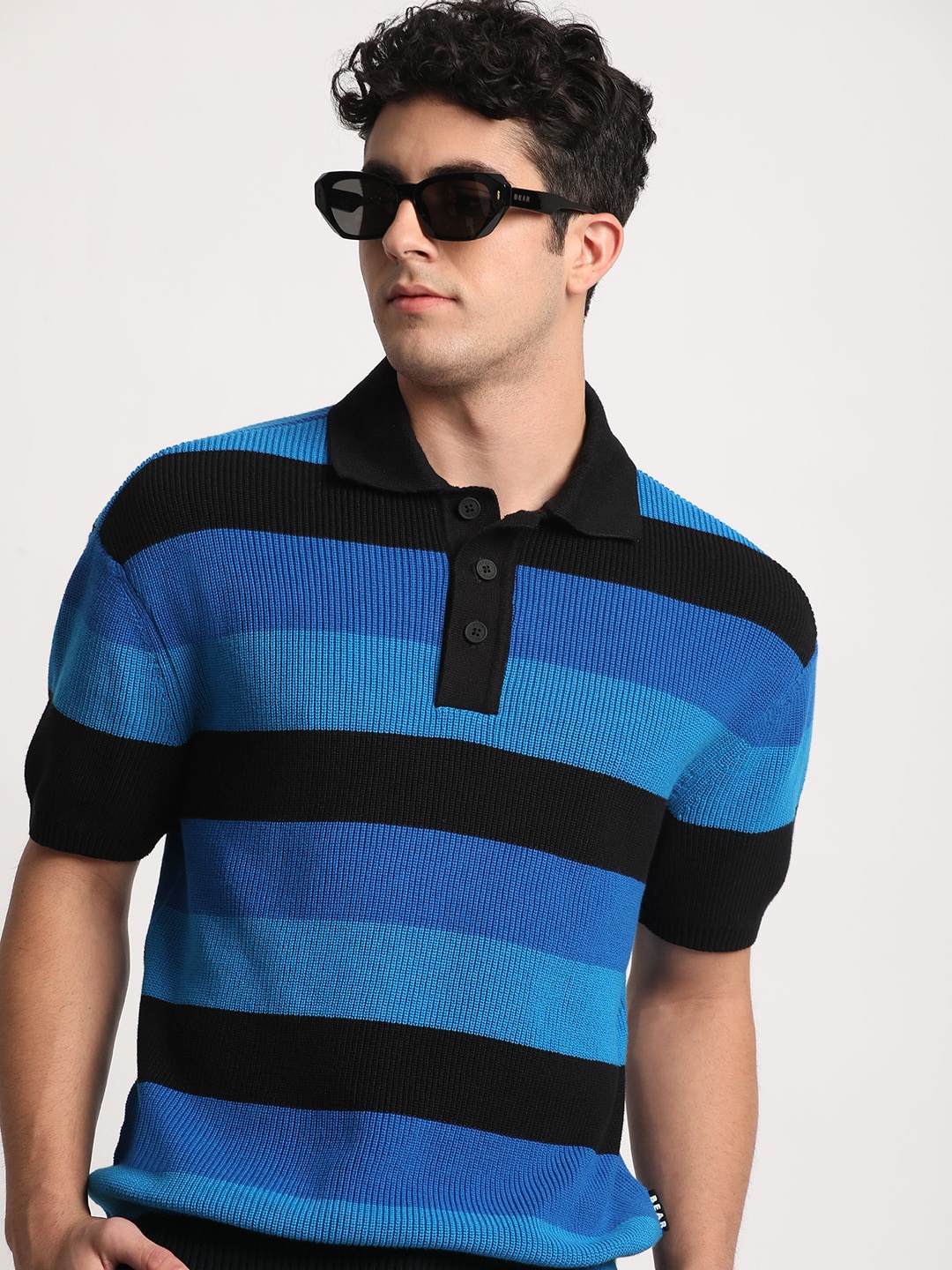 

THE BEAR HOUSE Men Striped Slim Fit Cotton Polo Collar T-Shirt, Blue