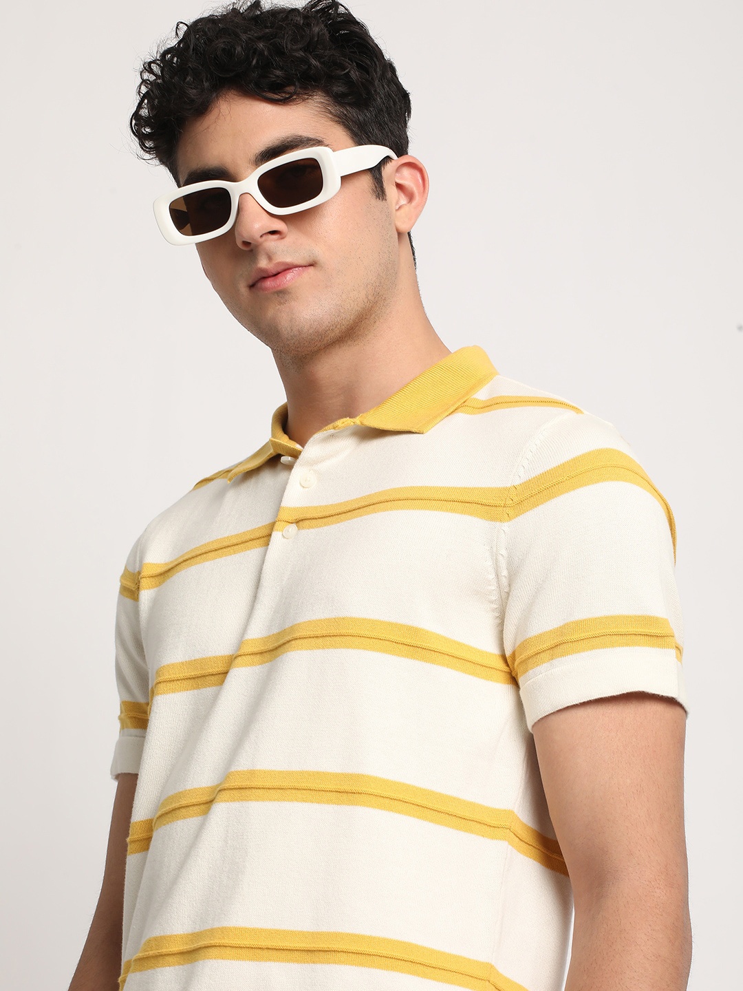 

THE BEAR HOUSE Men Striped Regular Fit Cotton Polo Collar T-Shirt, Cream