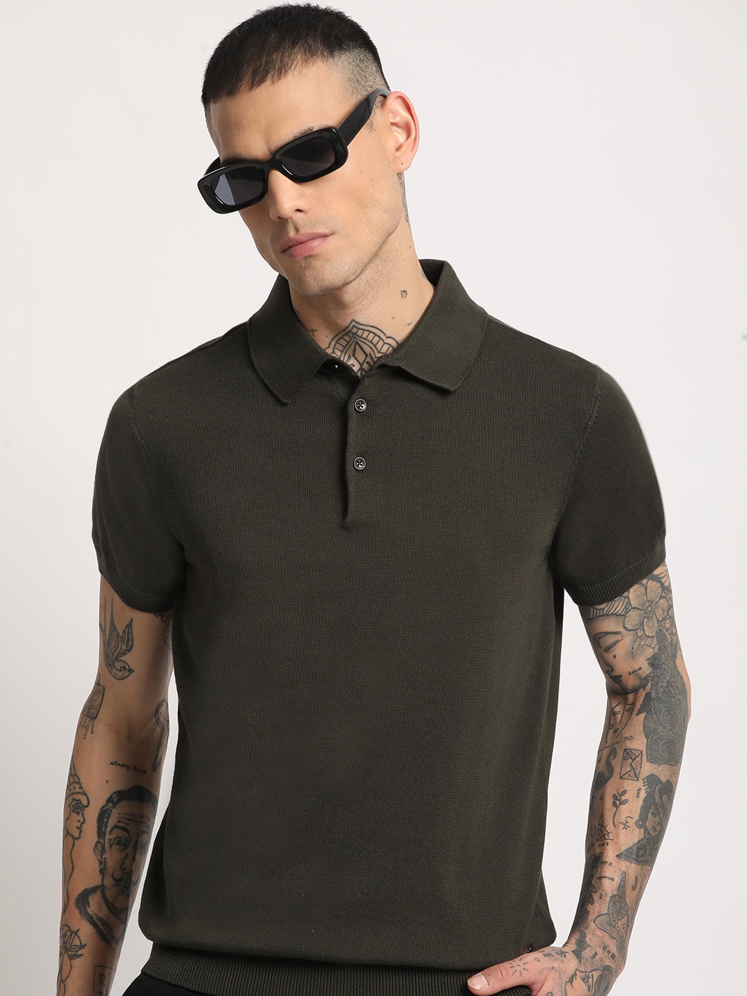 

THE BEAR HOUSE Men Solid Regular Fit Cotton Polo Collar T-Shirt, Olive