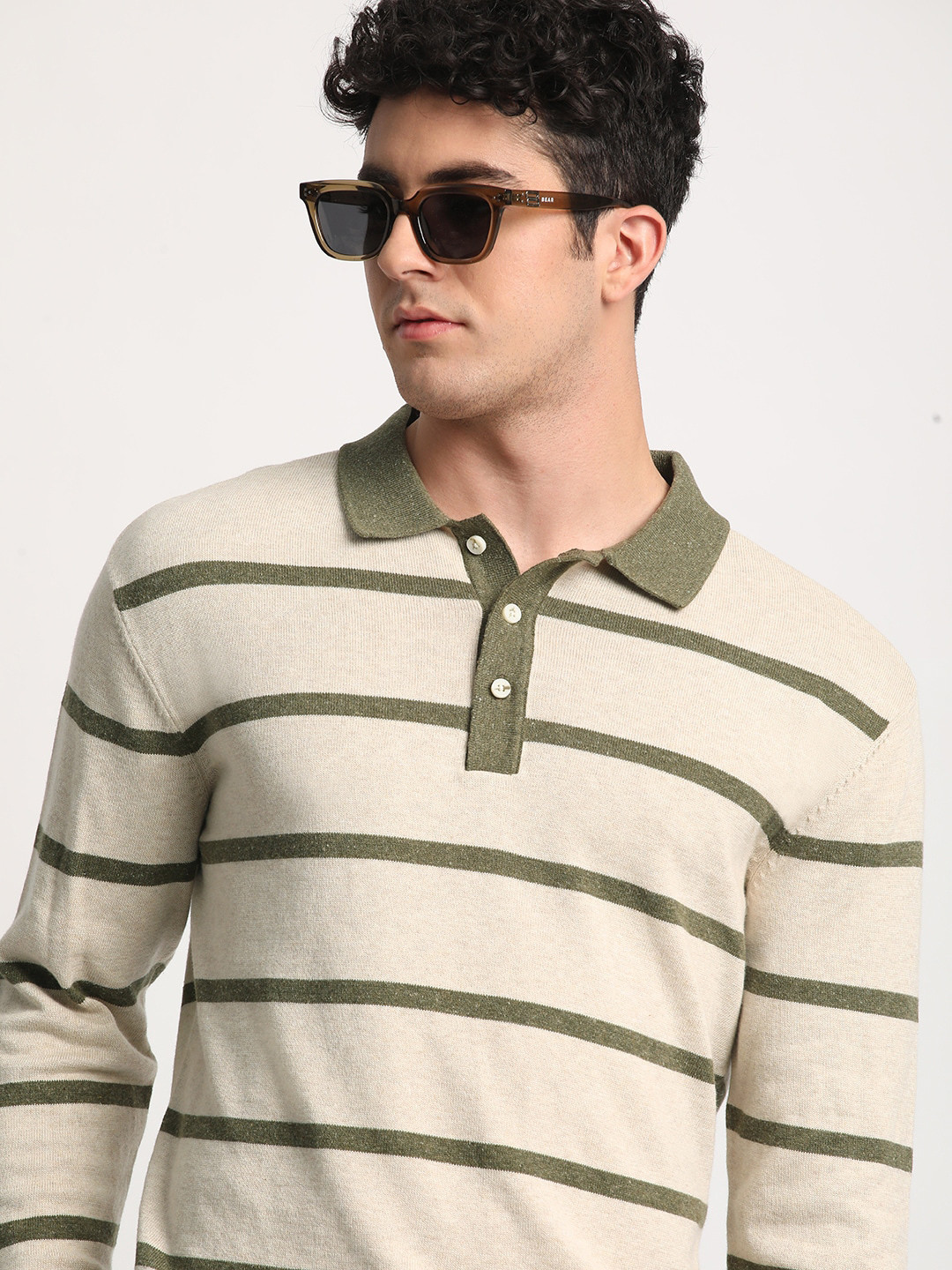 

THE BEAR HOUSE Men Striped Regular Fit Cotton Polo Collar T-Shirt, Beige