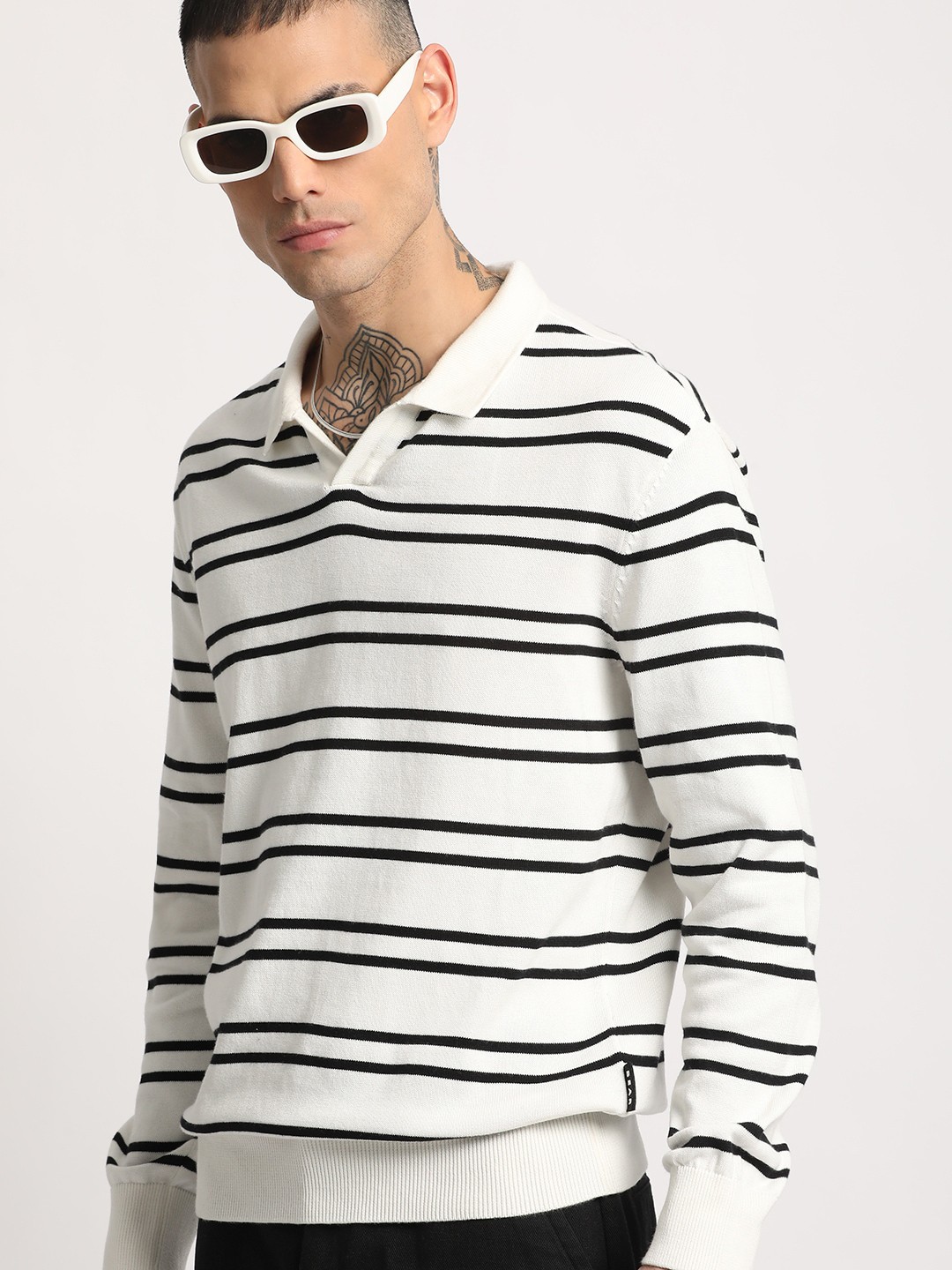 

THE BEAR HOUSE Striped Regular Fit Cotton Polo Collar T-Shirt, White