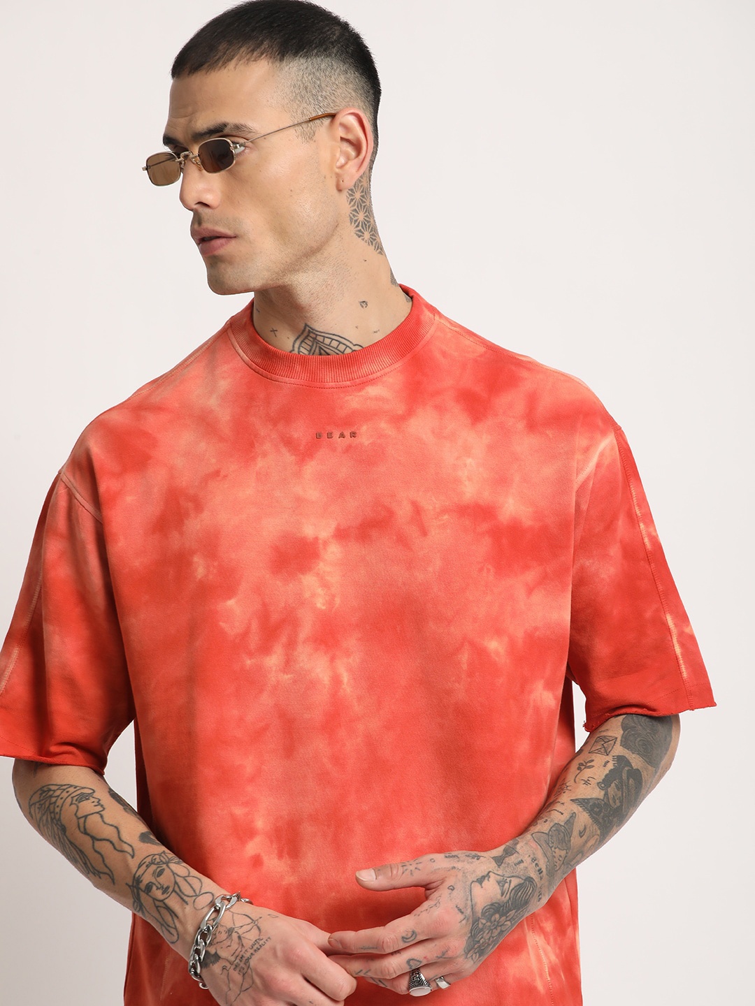 

THE BEAR HOUSE Men Tie & Dye Loose Fit Cotton T-Shirt, Orange