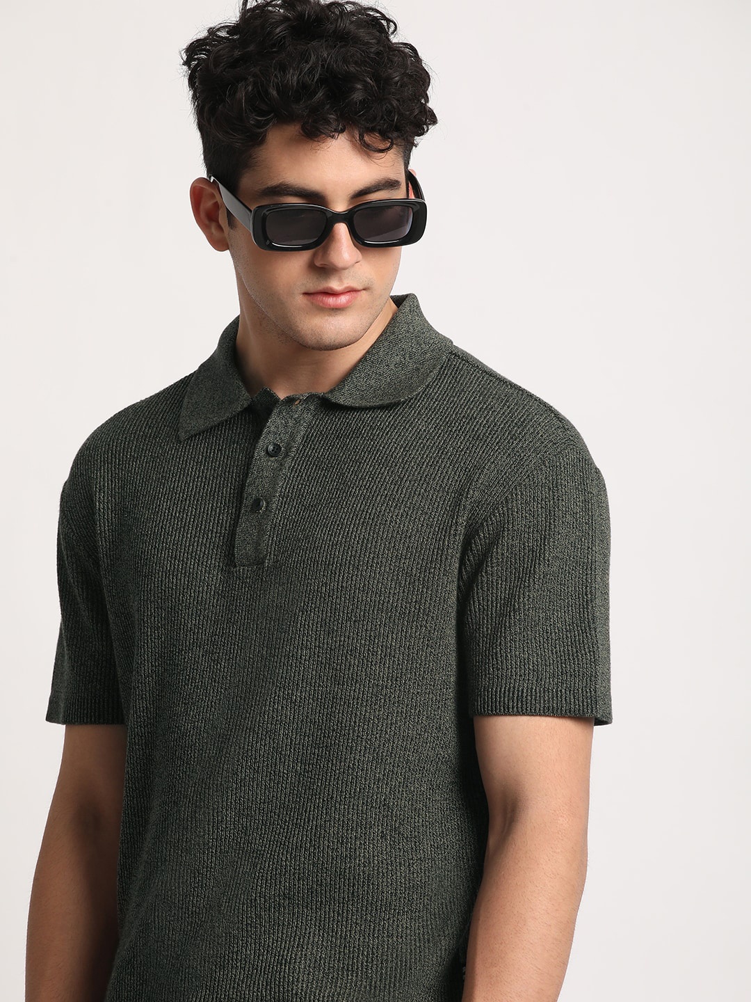 

THE BEAR HOUSE Men Self Designed Regular Fit Cotton Polo Collar T-Shirt, Green