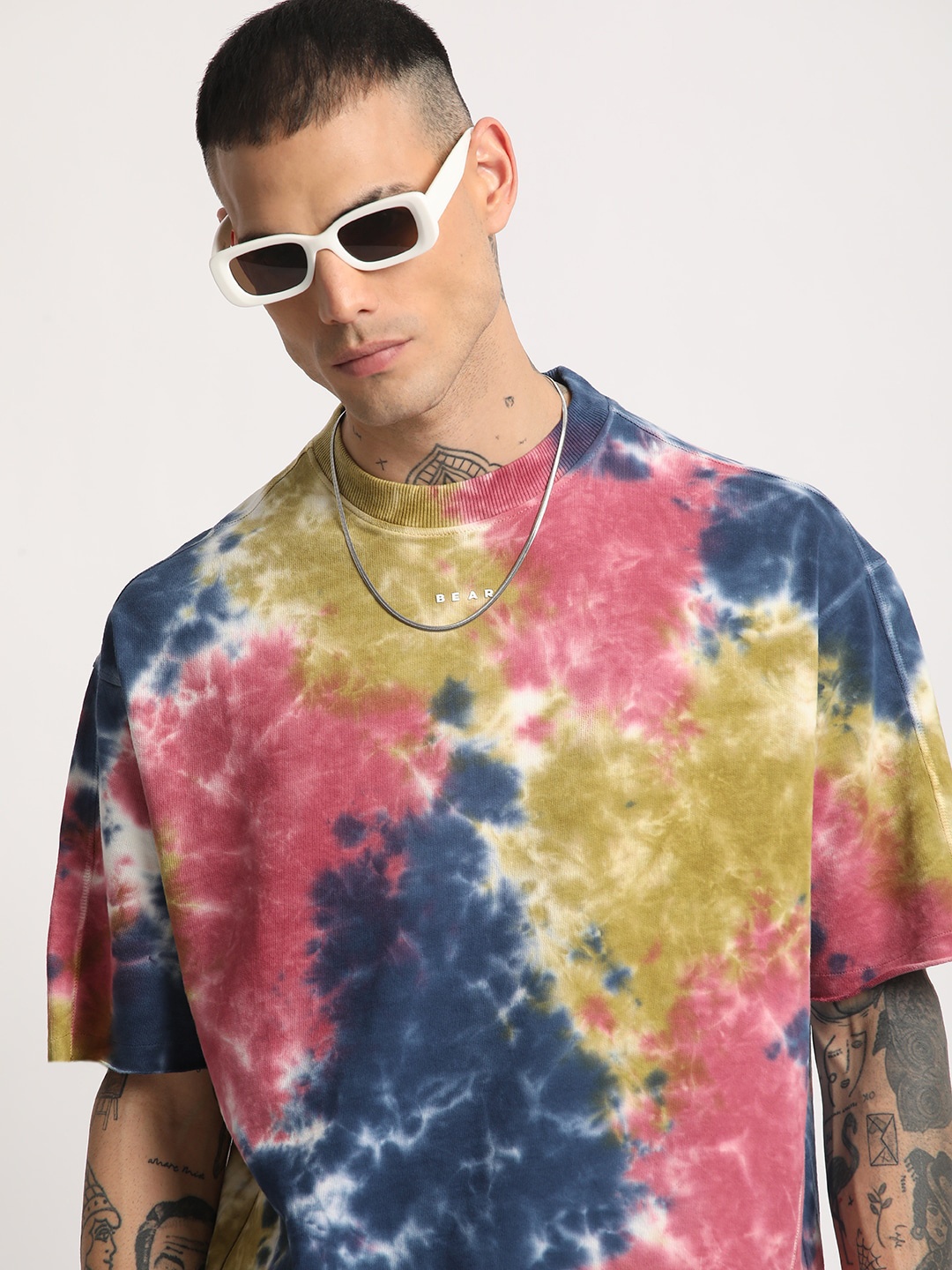 

THE BEAR HOUSE Men Tie & Dye Loose Fit Cotton T-Shirt, Blue