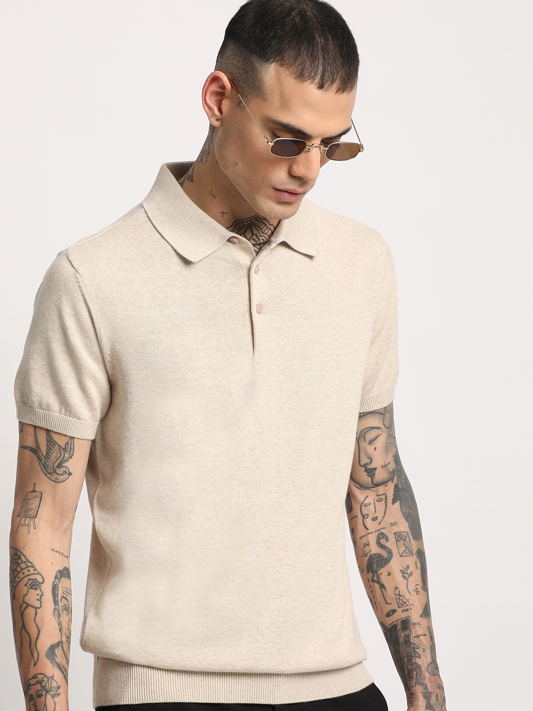 

THE BEAR HOUSE Men Solid Regular Fit Cotton Polo Collar T-Shirt, Beige