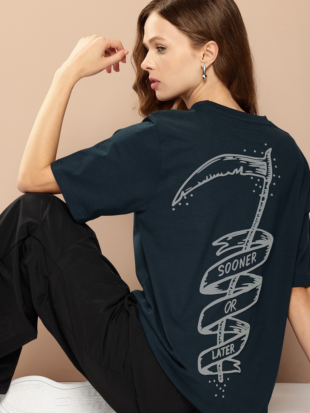 

Difference of Opinion Women Graphic Printed Embossed Oversized T-shirt, Navy blue