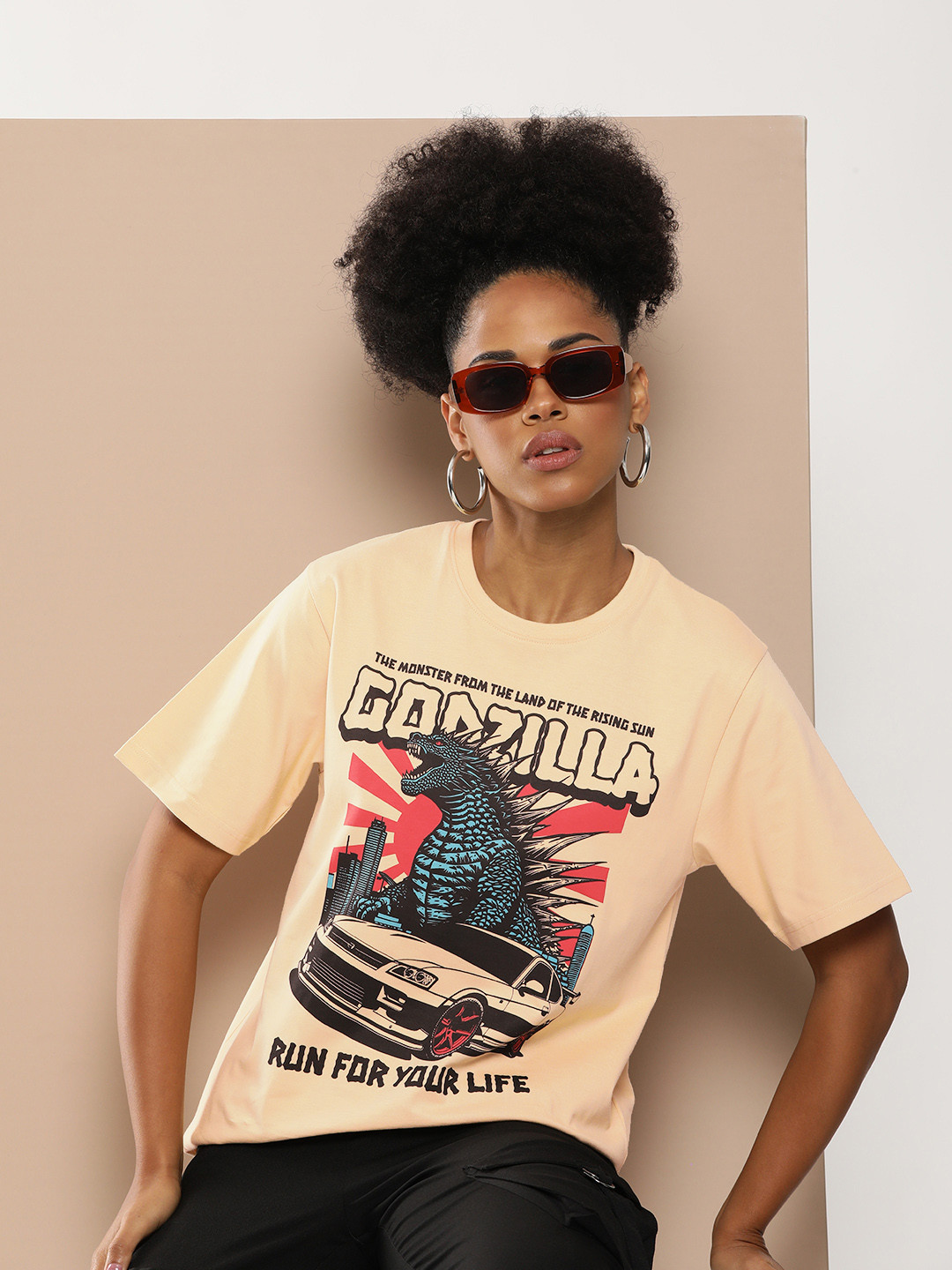 

Difference of Opinion Women Graphic Printed Embossed Oversized T-shirt, Beige