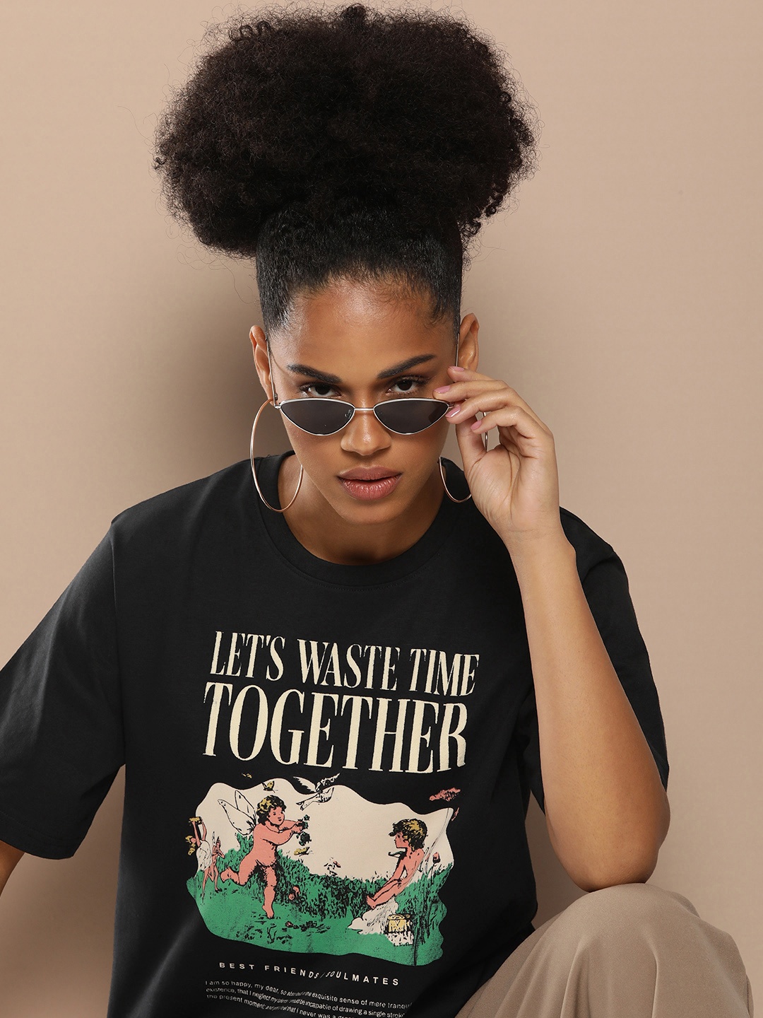 

Difference of Opinion Women Graphic Printed Embossed Oversized T-shirt, Black