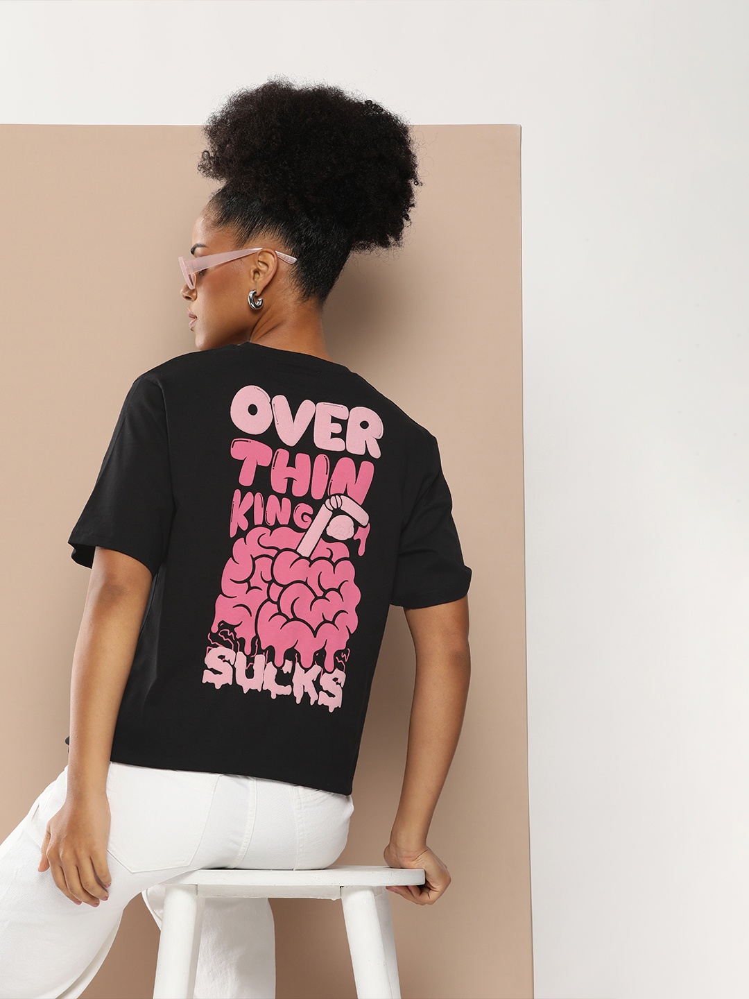 

Difference of Opinion Women Graphic Printed Embossed Oversized T-shirt, Black