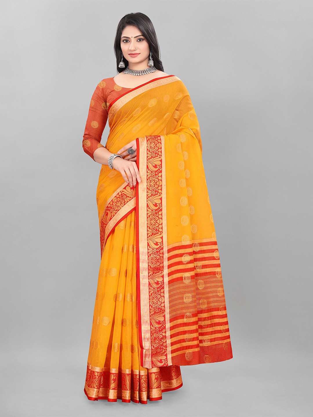 

MAGNEITTA Ethnic Motifs Woven Design Zari Saree, Yellow