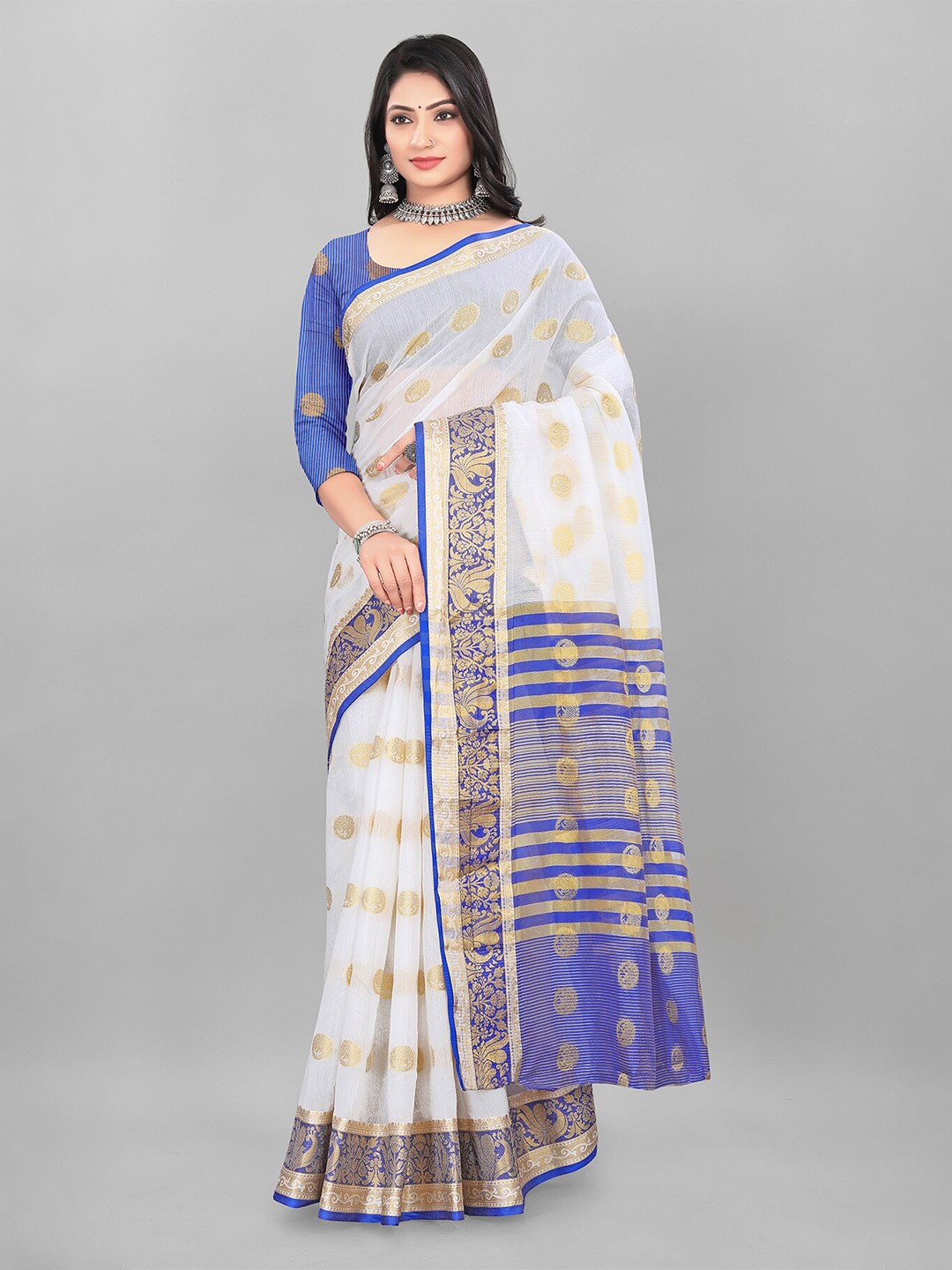 

MAGNEITTA Ethnic Motifs Woven Design Zari Saree, Blue
