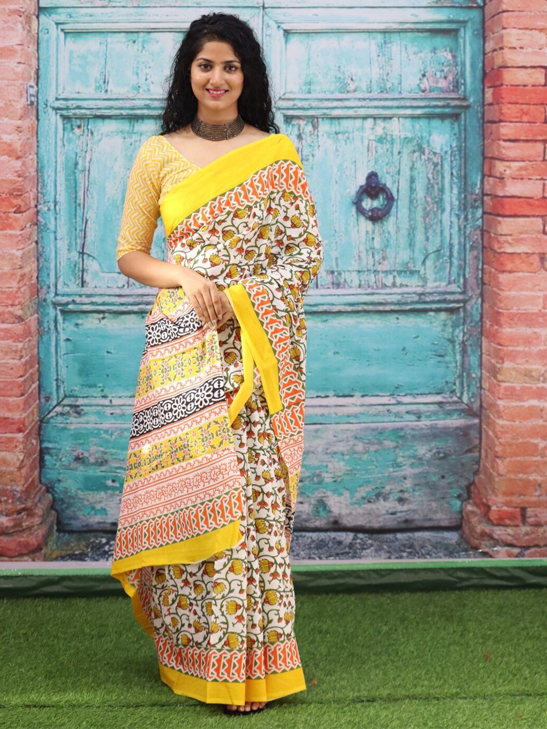 

TROPWEAR Ethnic Motifs Block Printed Mulmul Cotton Ikat Saree, Yellow