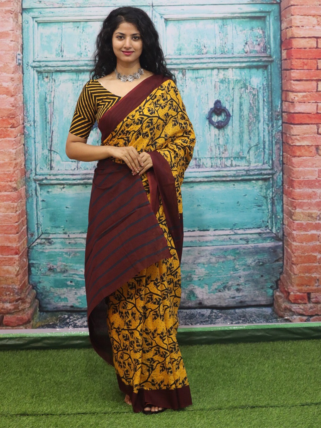 

TROPWEAR Ethnic Motifs Block Printed Mulmul Cotton Ikat Saree, Yellow