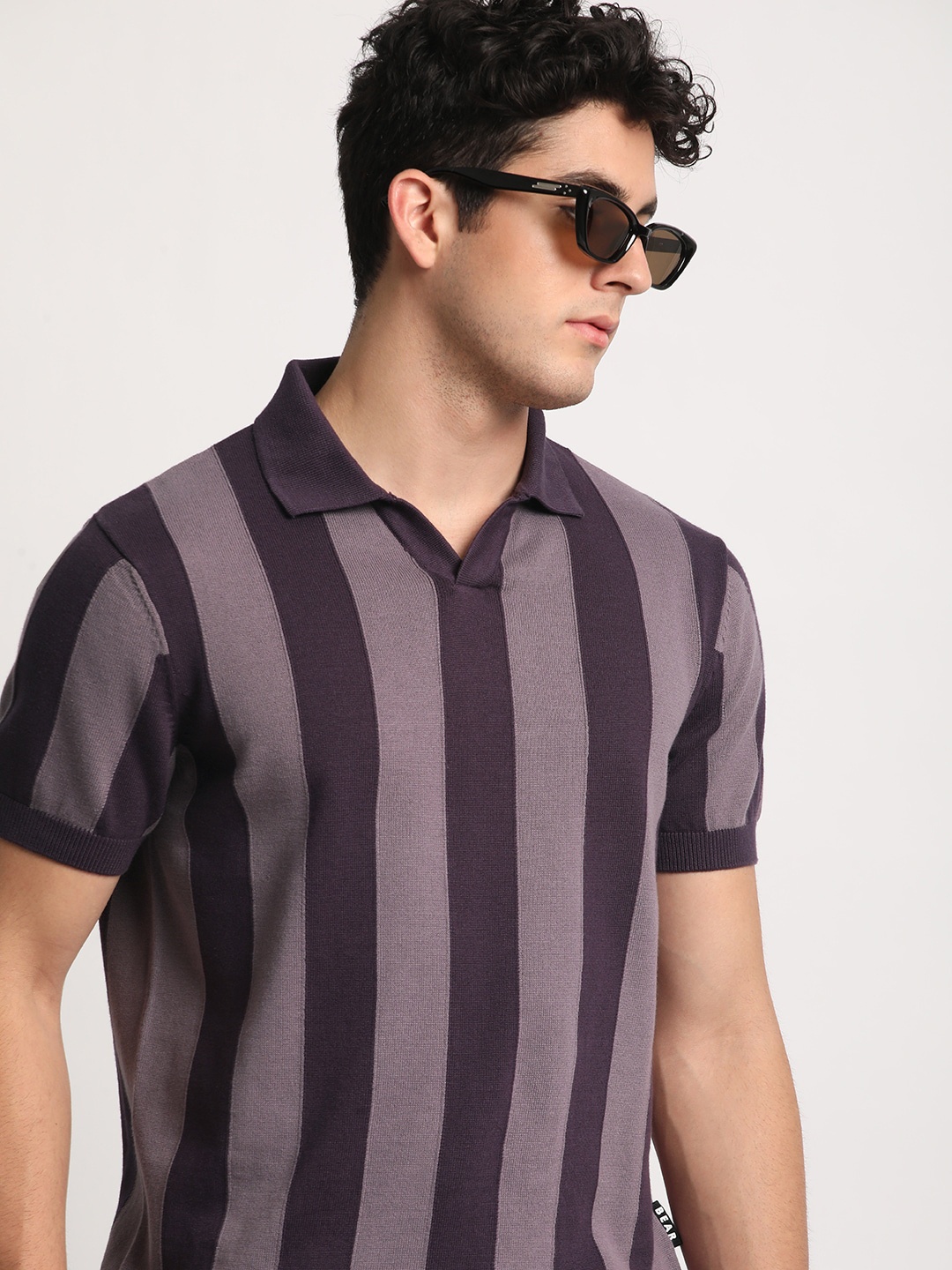 

THE BEAR HOUSE Men Striped Regular Fit Cotton Polo Collar T-Shirts, Purple