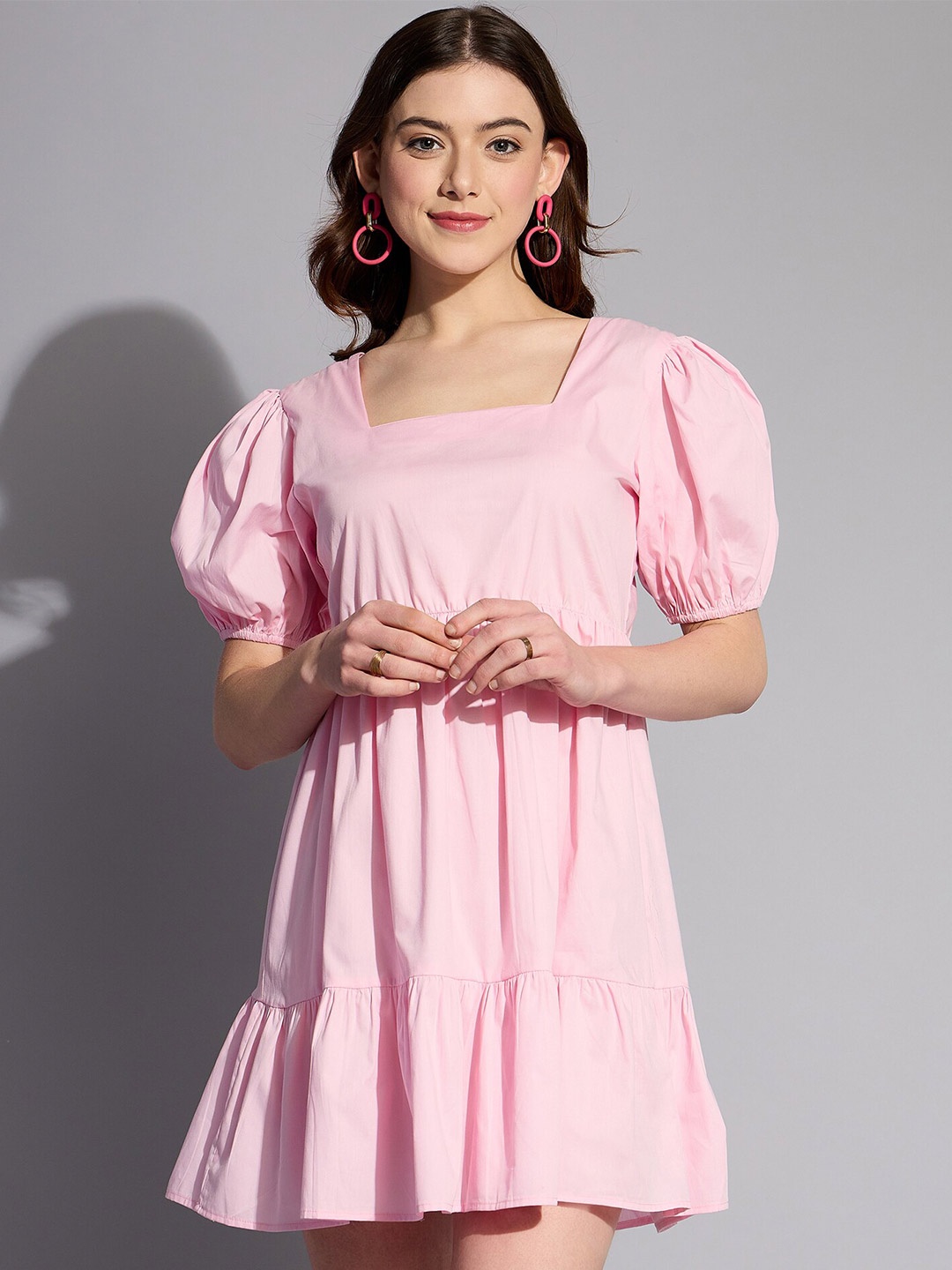 

Freehand by The Indian Garage Co Puff Sleeve Square Neck Fit and Flare Dress, Pink