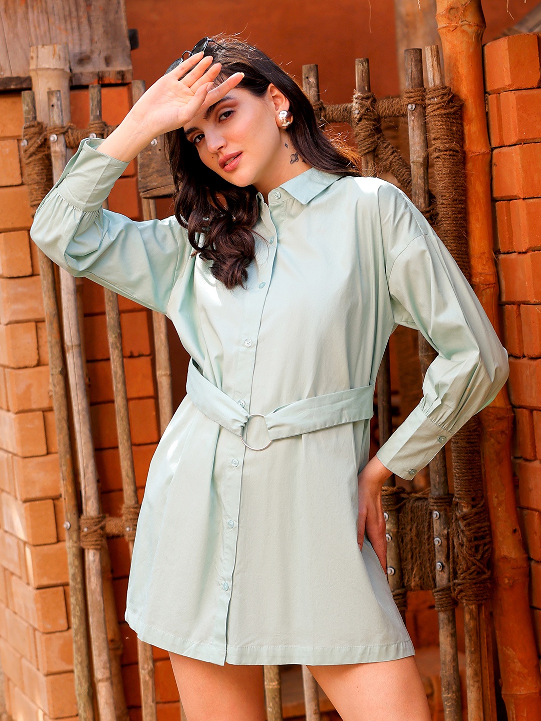 

Freehand by The Indian Garage Co Cuffed Sleeves Shirt Dress, Green