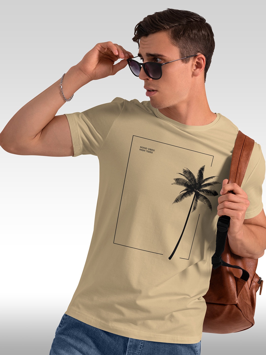 

BAESD Graphic Printed Round Neck Short Sleeves Cotton T-shirt, Beige