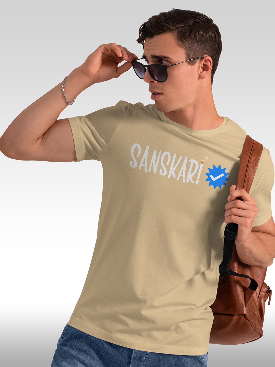 

BAESD Typography Printed Round Neck Short Sleeves Cotton T-shirt, Beige