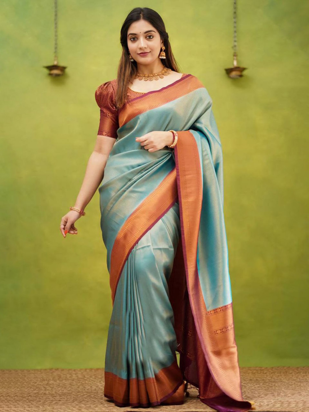 

Areca Designer Geometric Woven Design Banarasi Zari Saree, Sea green